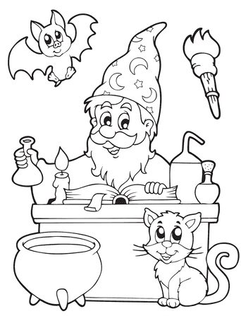 Coloring book wizard with a cat in Halloween